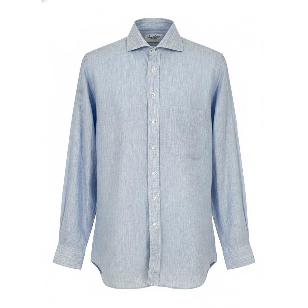 Ben Silver‎ Charleston Blue Linen Button Down Men's Shirt 15 34 Size LARGE